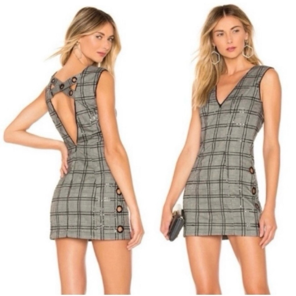 NWT Michael Costello x Revolve Patrice Grey Plaid Open Back Mini Dress Small